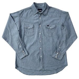 VTG Y2K Wrangler Western Pearl Snap Mens XL Chambray Denim Long Sleeve Shirt